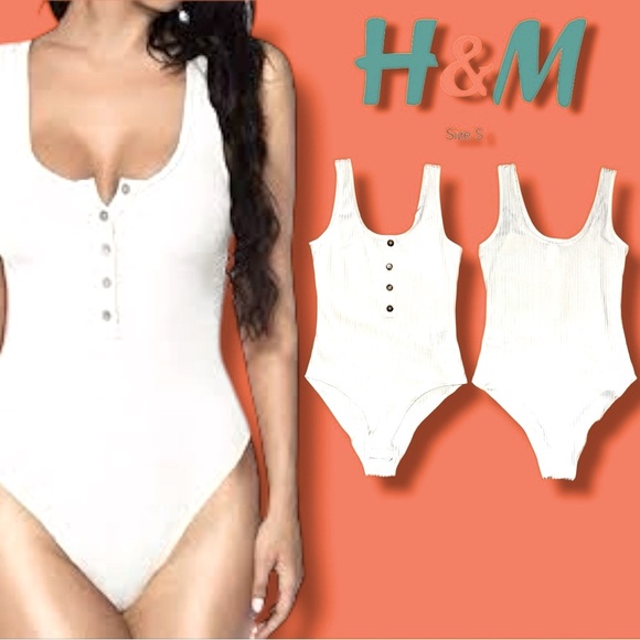 H&M White Ribbed Button Front Bodysuit - Size Small NWOT - Picture 1 of 16